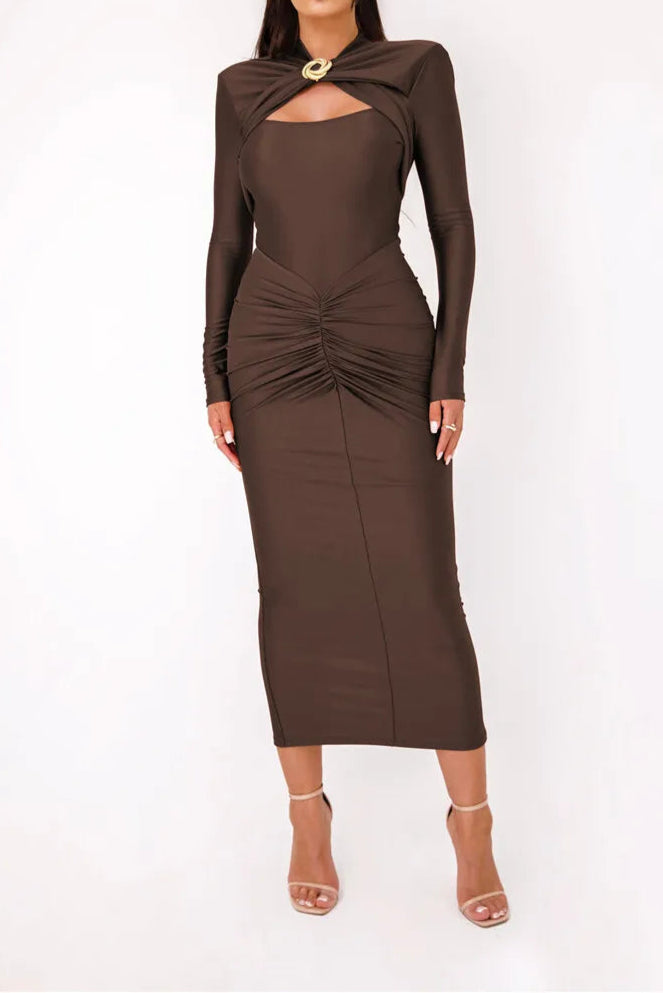 Hollow Out Long Sleeve Maxi Dress For Women Metal Buckle Bodycon Cocktail Dress