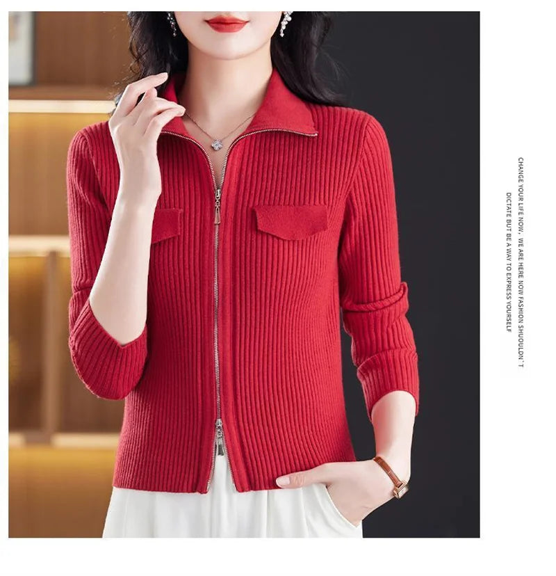 Women Knitted Sweater Cardigan Short Jacket Turn-Down Collar Knit Top