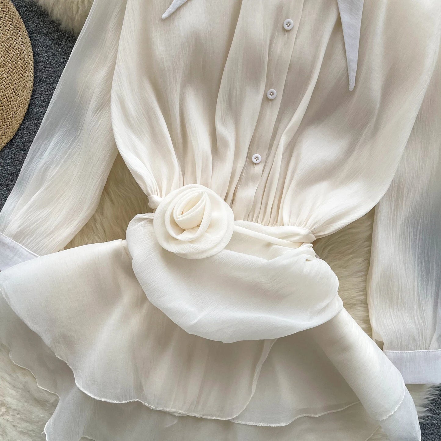 3D Floral Vintage Shirt Women Lapel Neck Long Sleeves Sheer Bohemian Organza Blouse