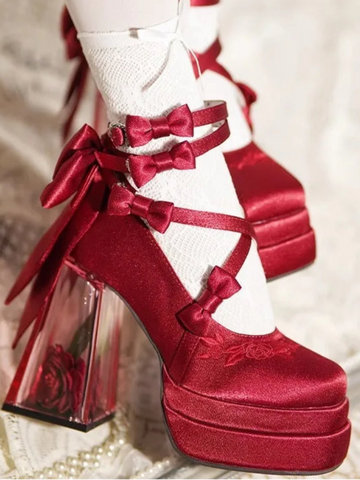Lolita Red High Heels Women's Sweet Elegant Bow Velvet Mary Jane Platform Shoes