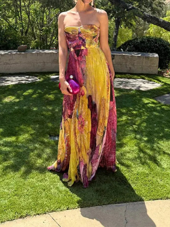 Women Strapless Sleeveless Backless Slim Sling Pleated Dress Party Maxi Dress