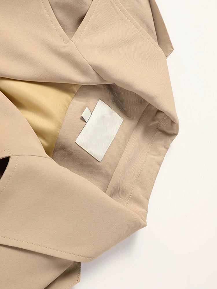 Women Khaki Pleated Elegant Trench New Lapel Long Sleeve Windbreaker Trench Coat