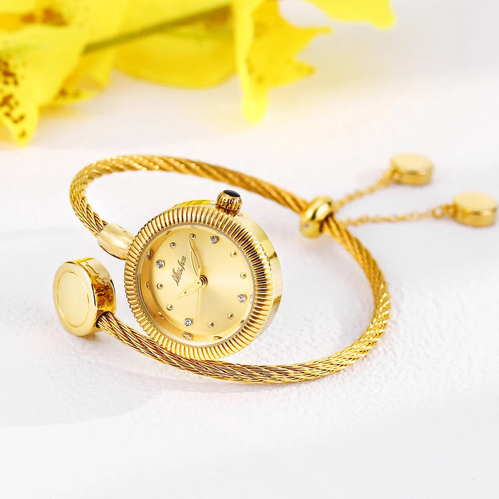 Mini Gold Watches For Women Causal Fashion Open Band Small Watch Power By Battery Ladies Wristwatches