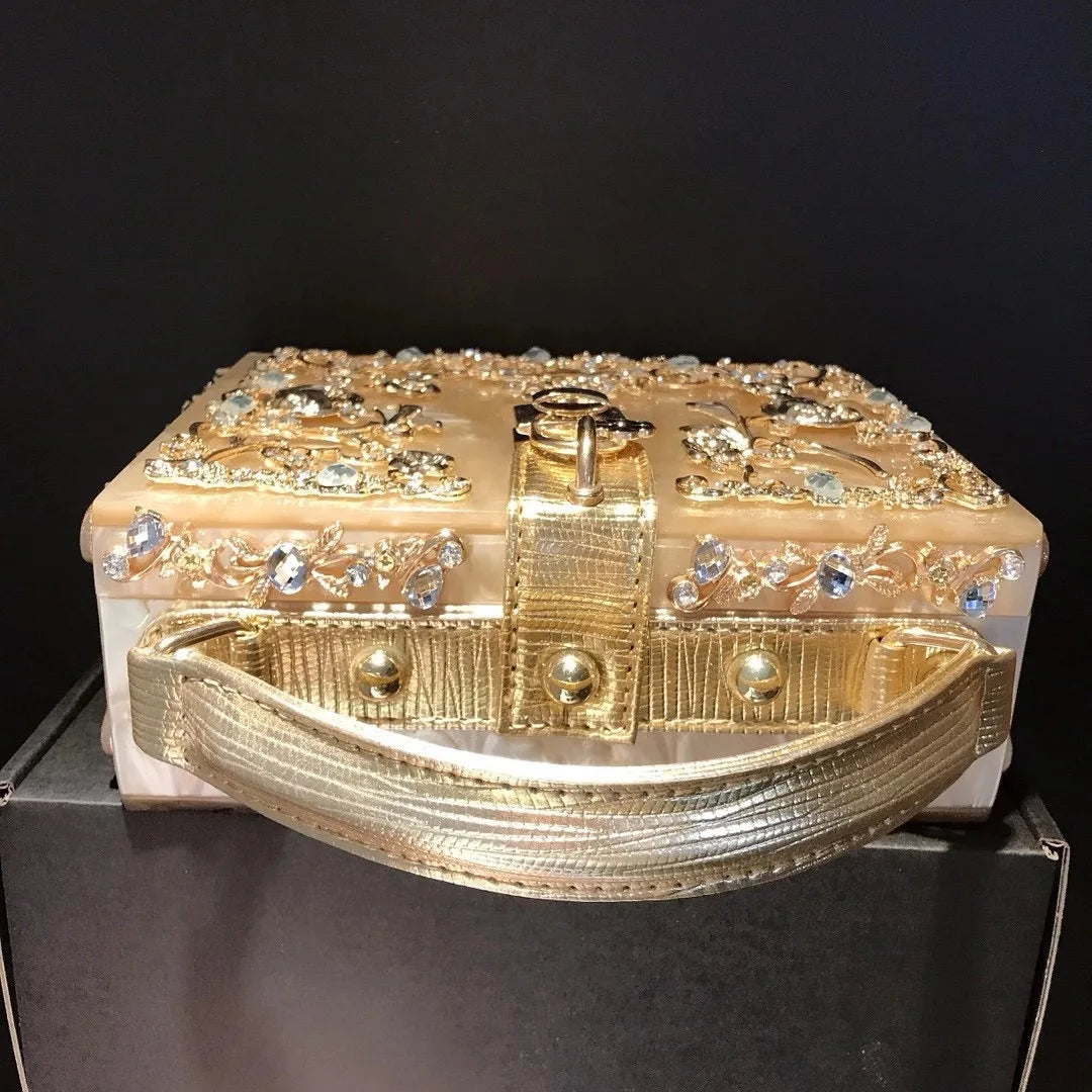 High-Grade Crystal Evening Bag Female New Hollow Out Metal Carved Flower Diamond Handbag