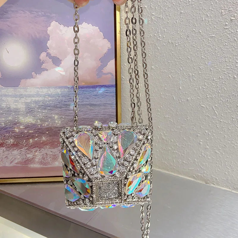 Luxury Glitter Metal Box Women Handbag Crystal Clutch Purse