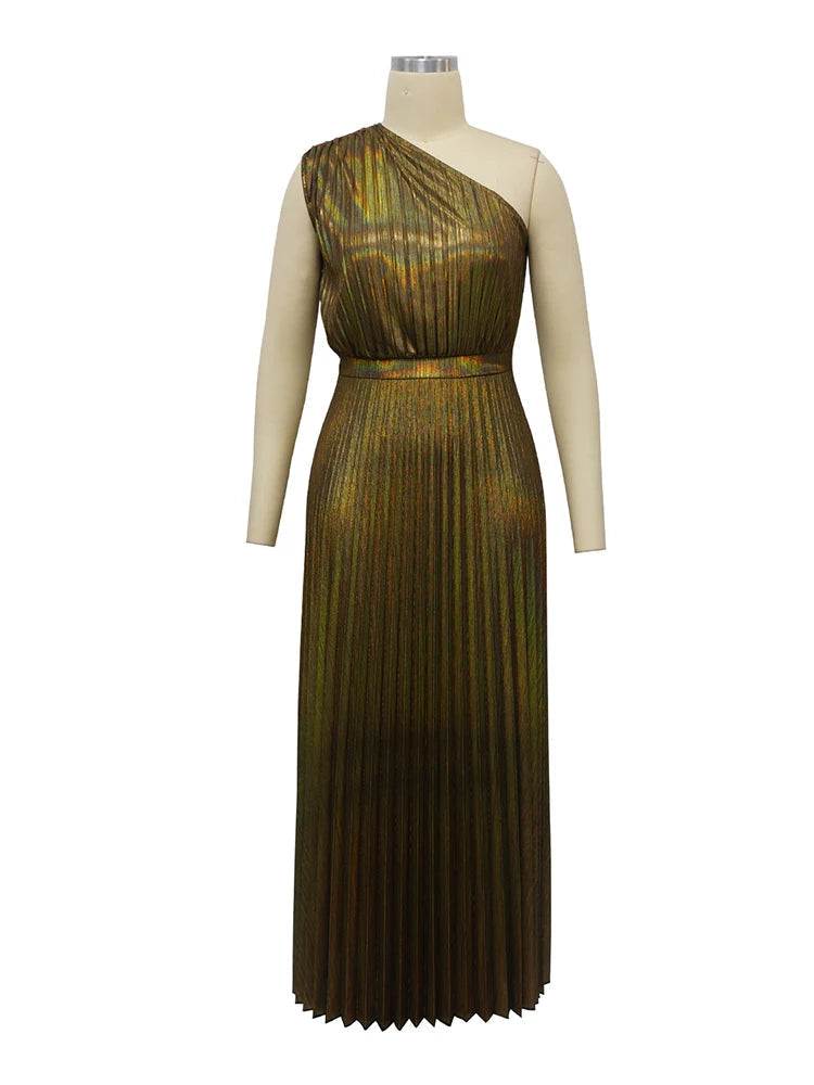 Metallic Golden One Shoulder Sleeveless Pleated A-Line Maxi Dress Elegant Cocktail Dress