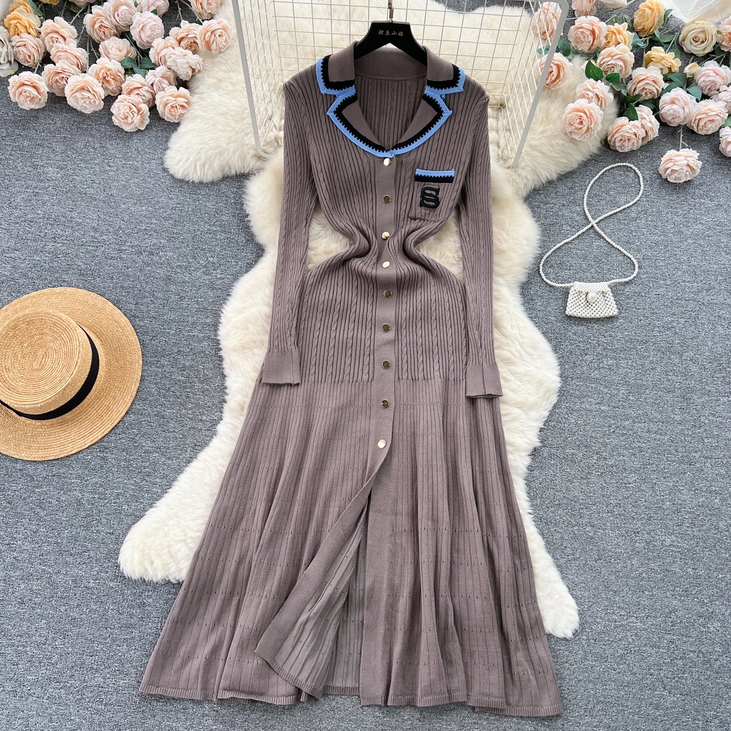Women Polo Dress Single Breasted Pocket Design Bodycon Knitted Dress Sweater Midi Dress