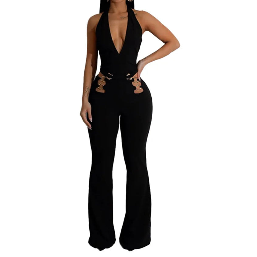 Women V-Neck Backless Straight Sleeveless Flare Jumpsuits One Piece Outfits
