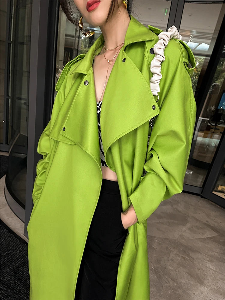 Luxury Long Oversized Bright Green Faux Leather Trench Coat for Women