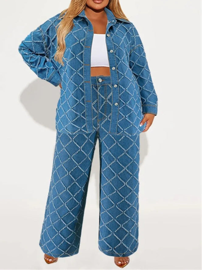 Plus Size Denim Two Piece Sets Women Long Sleeve Tops and Pants Matching Suits