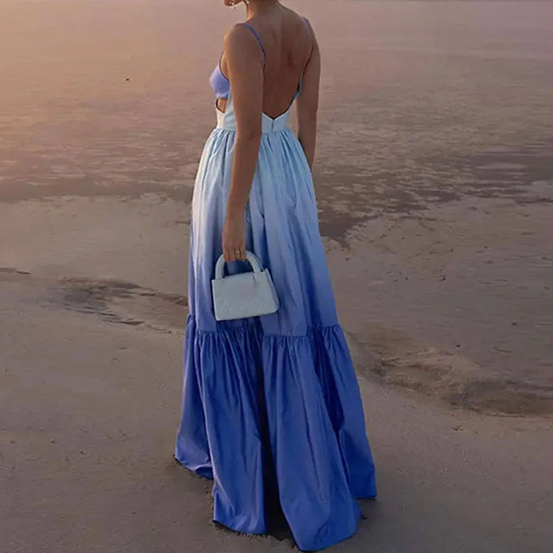 Gradient Color Hollowed Out Pleated Long Big Swing Maxi Dress Sun Dress