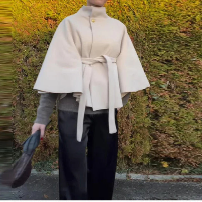 Belt Cropped Jacket Coat Women's Stand Collar Cape Outerwear