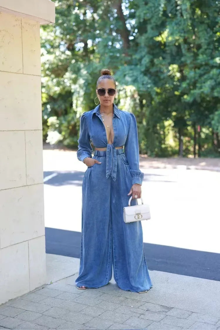 Denim Crop Top Tie Knot Shirt Cardigan + Wide Leg Loose Outfit Pants