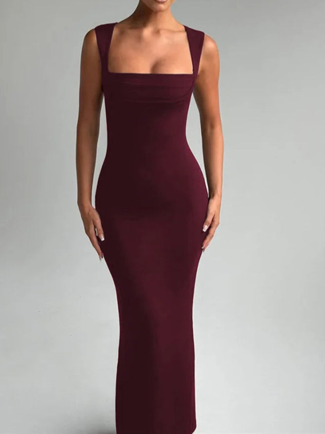 Wedding Guest Square Collar Sleeveless Sexy Maxi Dress For Women Bodycon Dress