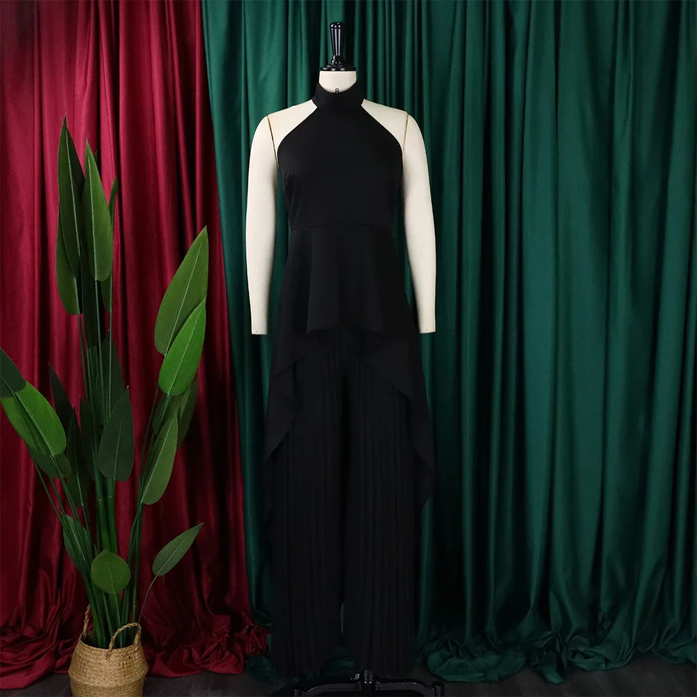 Elegant Two Piece Set Women Outfit Backless Top Hundred Pleated Wide Leg Pants Trousers Suit Summer Office Lady Suit