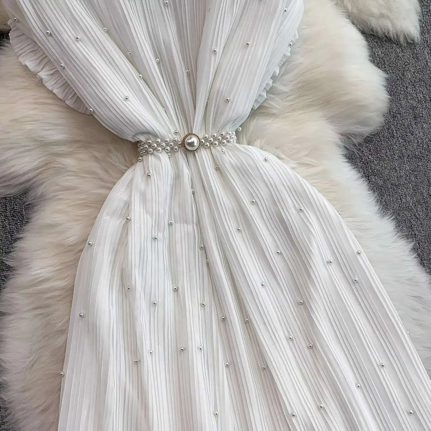 Summer Luxury Pearls Long Chiffon Dress For Women Loose Big Size Short Sleeve Crystal Birthday Evening Midi Pleated Dresses