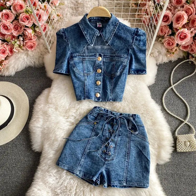 Denim Shorts Sets Shirts+Shorts Jeans 2 Pieces Sets Outfit