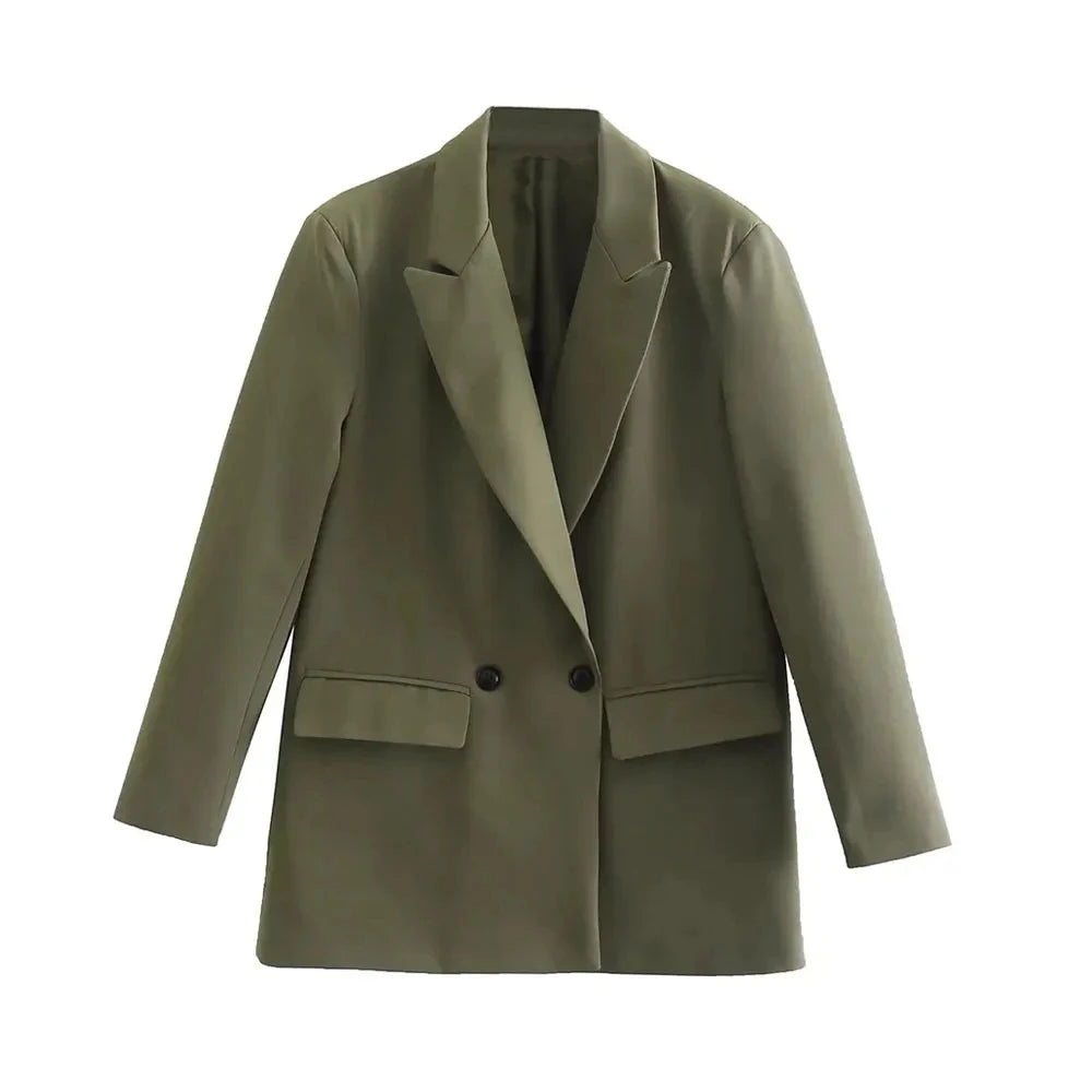 Women Double Breasted Loose Fitting Blazer Coat Vintage Long Sleeve Pockets Female Outerwear Blazer