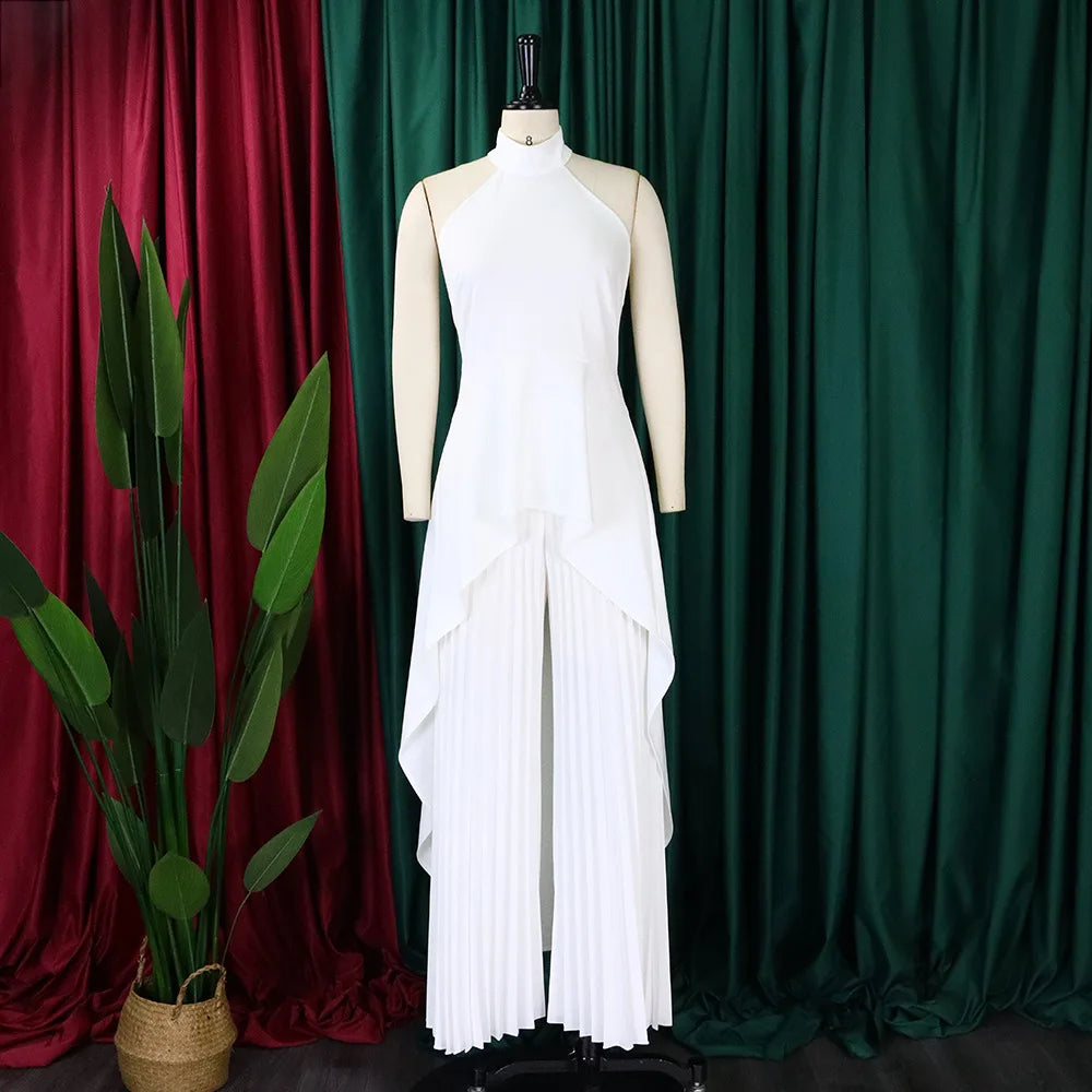 Elegant Two Piece Set Women Outfit Backless Top Hundred Pleated Wide Leg Pants Trousers Suit Summer Office Lady Suit