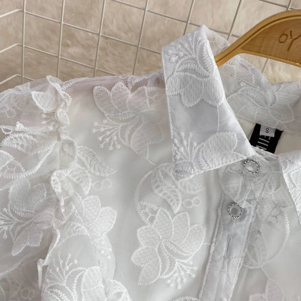 Women Vintage Lace White Dress Turn Down Collar Puff Sleeve Mini Dress