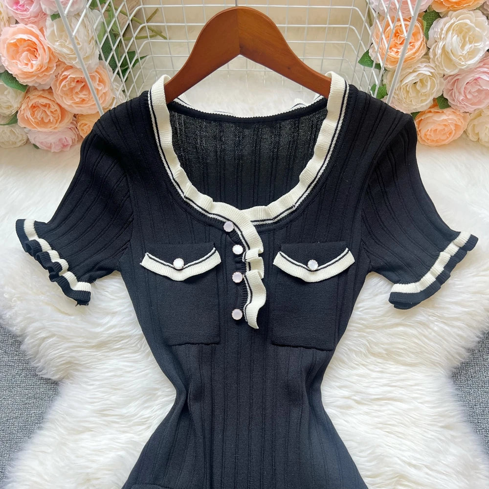 Chic Knitted Mini Dress Elegant Black Ruffled Party Dress