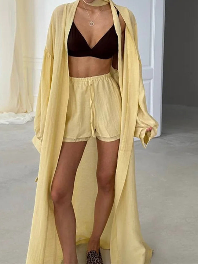 Loose Long Cardigan Lace Up Shorts Sets Women Crop Solid Balloon Sleeve Shirts Elastic Wide Leg Short Pants