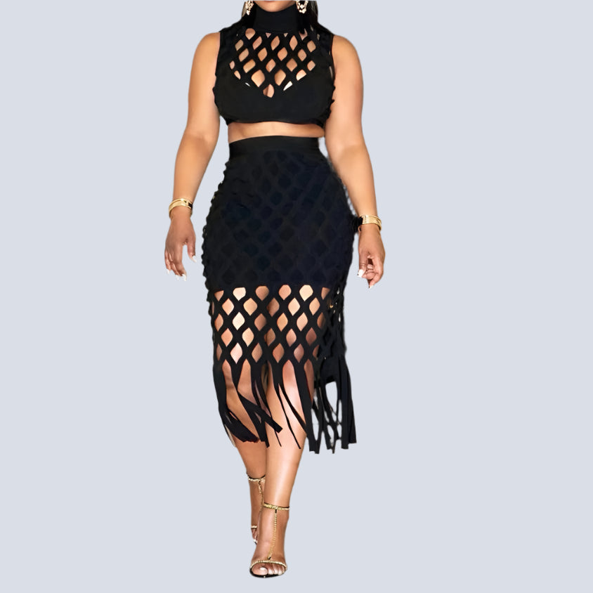 Women Hollow Out Tassel Bodycon Midi Skirts Two Piece Set and Sleeveless Top and Skirt Set