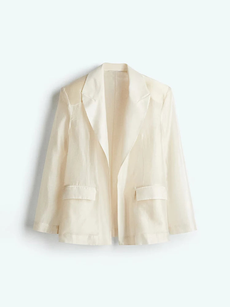 Sexy See Through Silk Set Women Elegant Blazer Coat Loose Shirt Wide-leg Pants