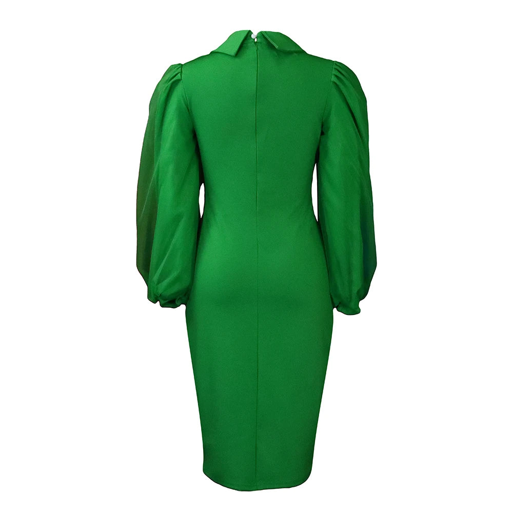 Elegant Office Dress fro Women Professional Full Sleeve Turn Down Collar Beaded Sheath Package Hips Mid Calf Formal Work Dress