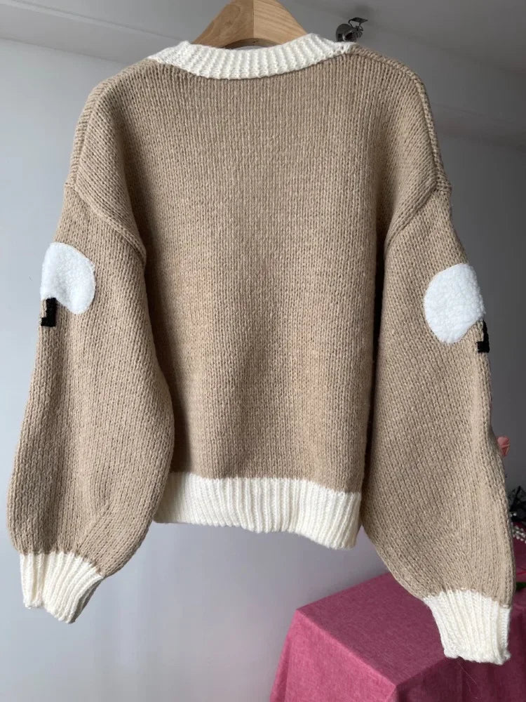 Sheep Pattern Crochet Chunky Knit Cardigan Cute Cartoon V Neck Sweater