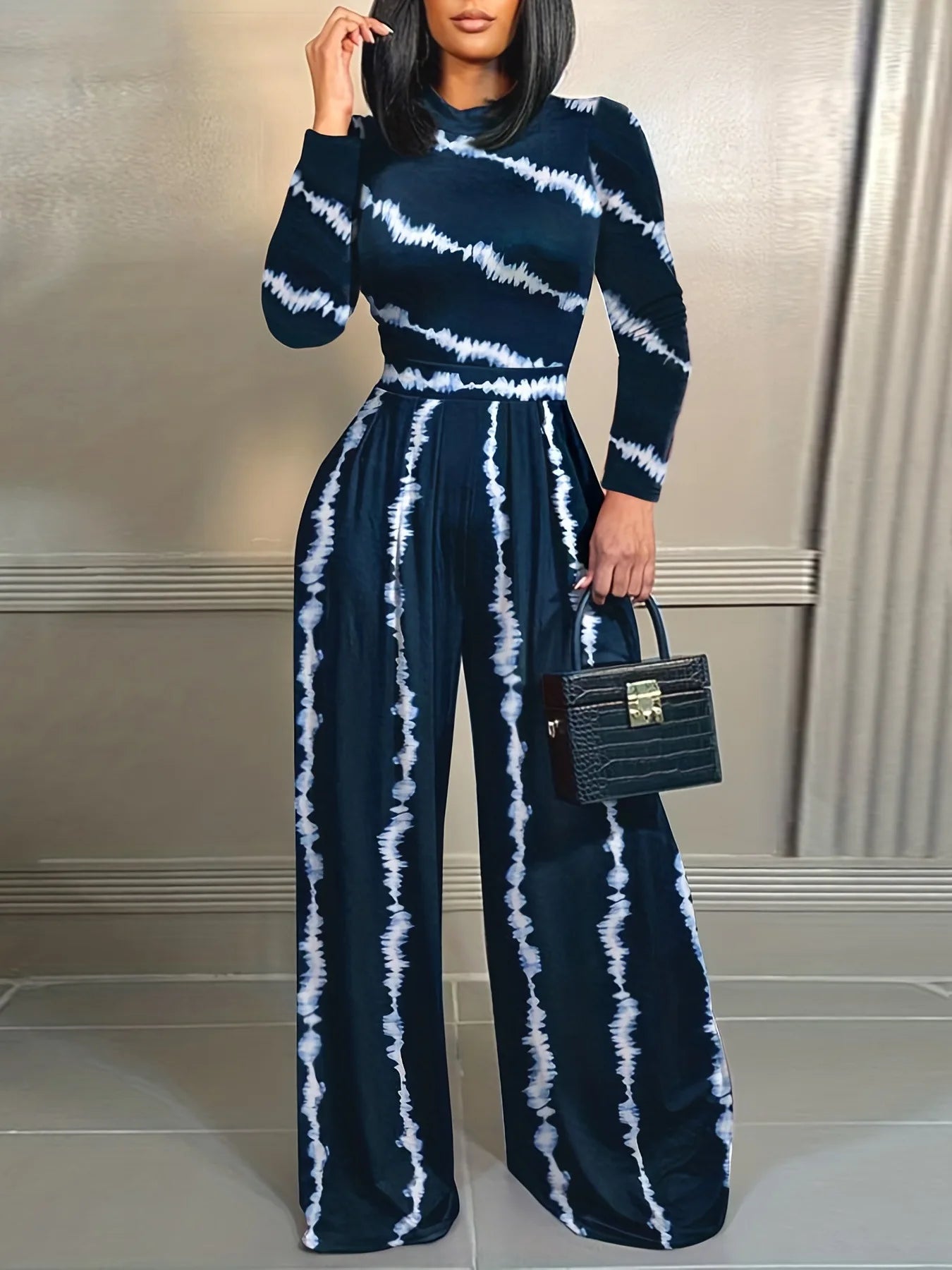 Elegant Women Stand Neck Wide Leg Rompers Casual Waist Jumpsuits Streetwear