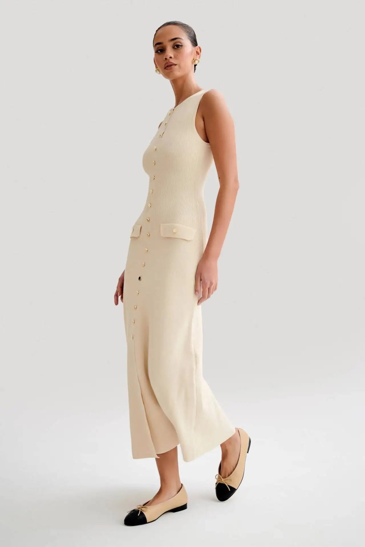 Elegant Knitted Long Dresses Women O Neck Sleeveless Single Breasted Bodycon Midi Dress