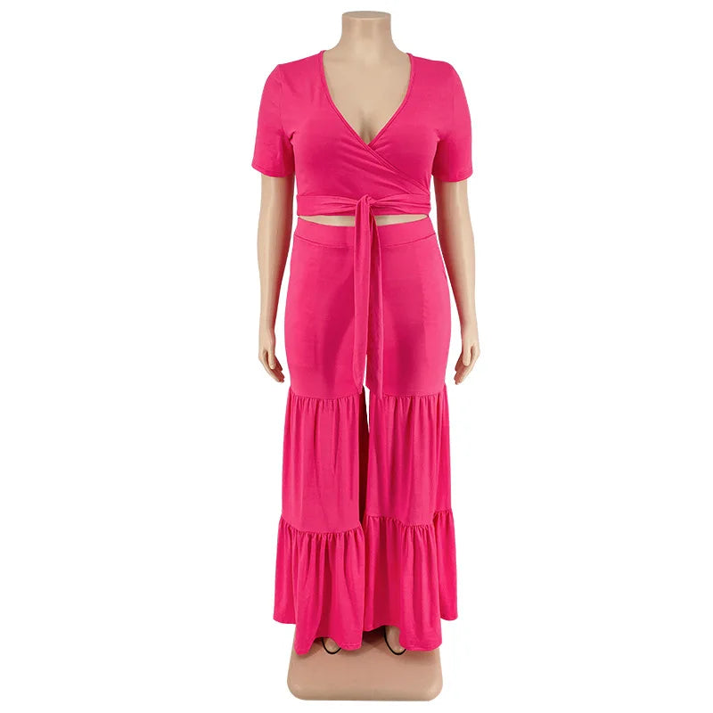 Plus Size Pants Sets Two Piece Outfits Summer Holiday Solid Bandage Top Wide Leg New Matching Suit