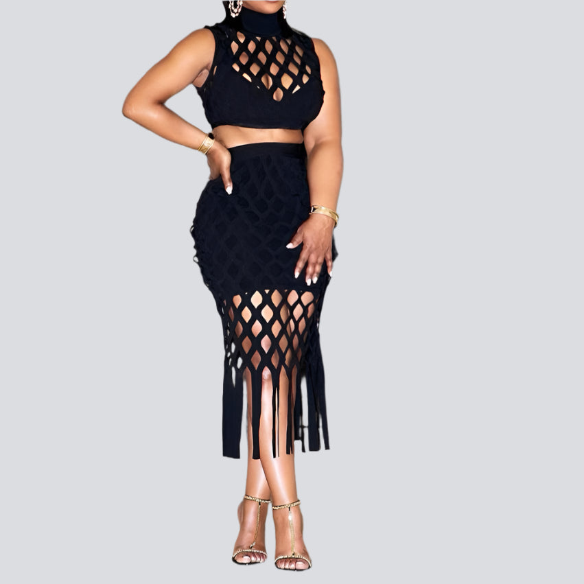 Women Hollow Out Tassel Bodycon Midi Skirts Two Piece Set and Sleeveless Top and Skirt Set