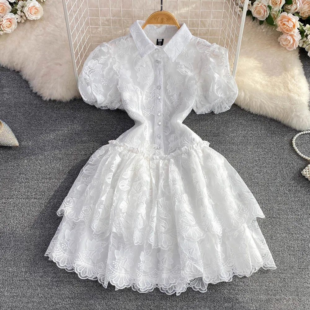 Women Vintage Lace White Dress Turn Down Collar Puff Sleeve Mini Dress
