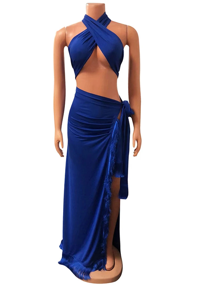 Chic Halter Neck Crop Top And High Slit Resort Wrap Skirt Set Two-Piece Outfits Resort Cover-Up Set