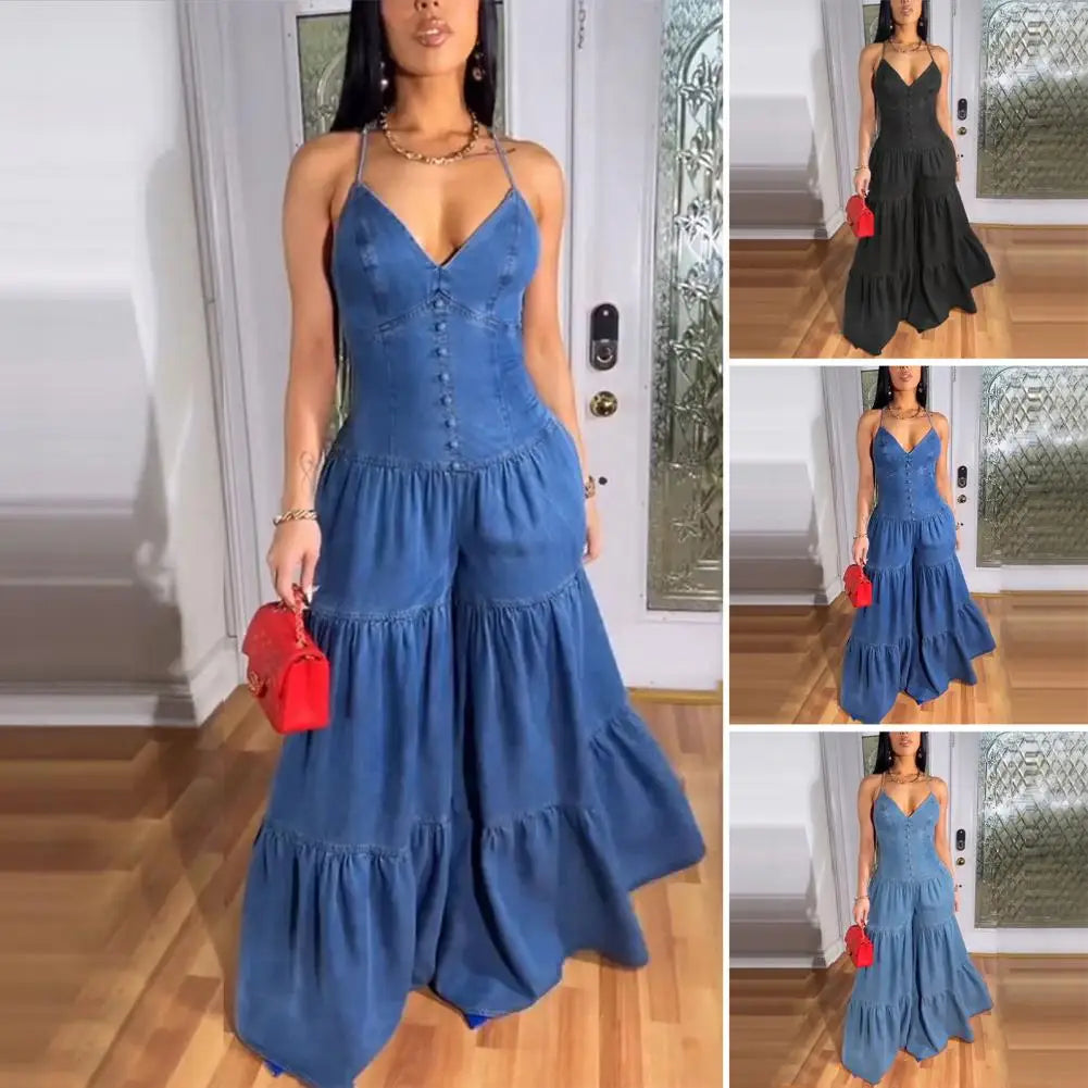 Stylish Women's Sleeveless Jumpsuits Casual Flowy Overalls Sexy Halter Rompers for Summer