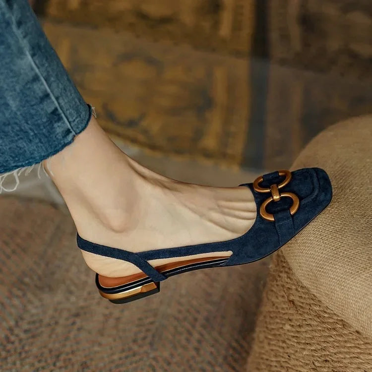 French Low Heel Retro Toe Cover Sandals Women Summer Empty Horse Bit Faux Leather Strap Sandals