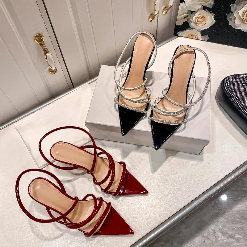 Women's Roman Sandals New Pointed Fine Heel Sexy Banquet Diamond Wrapped Strap High Heel Sandals