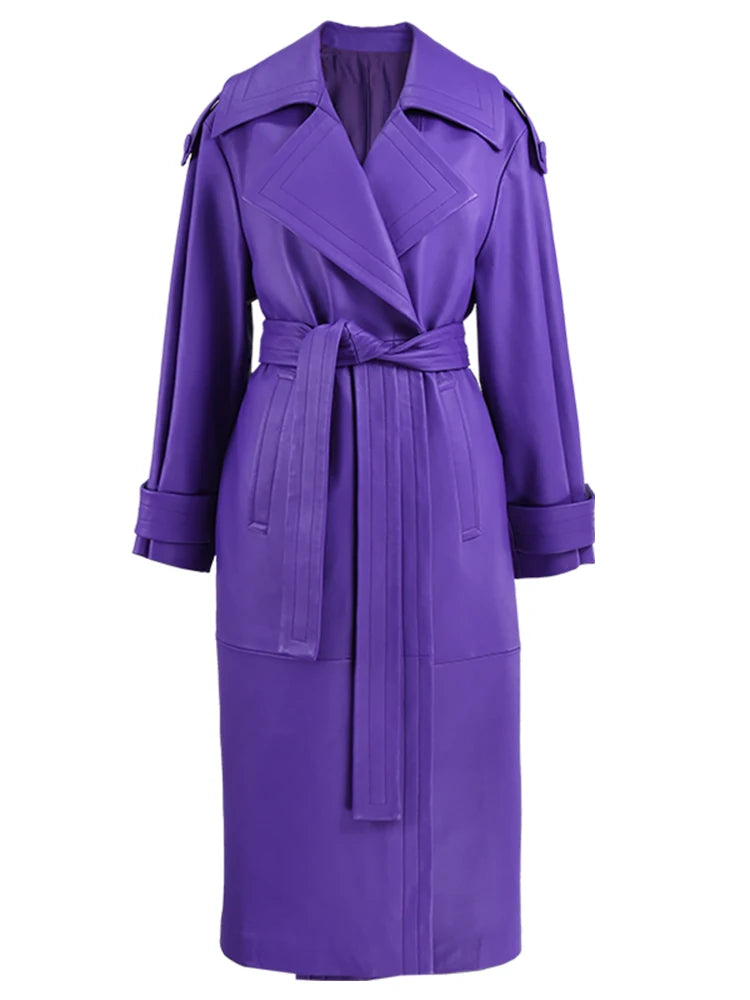 Elegant Purple Colored Faux Leather Trench Coat for Women Sashes Runway Coat