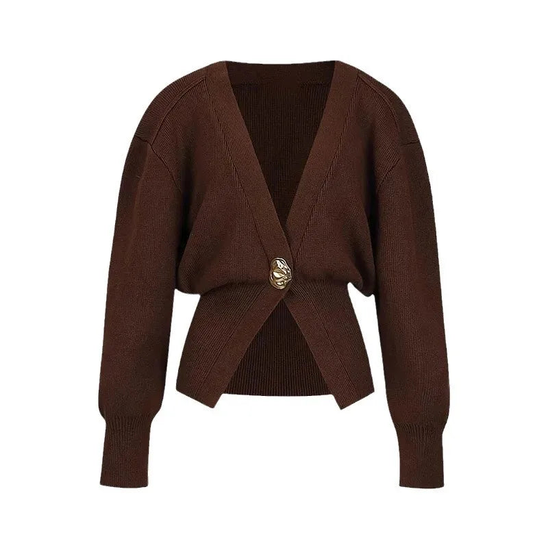 Women's Button Knitted Cardigan Vintage V Neck Full Sleeve Cropped Sweater