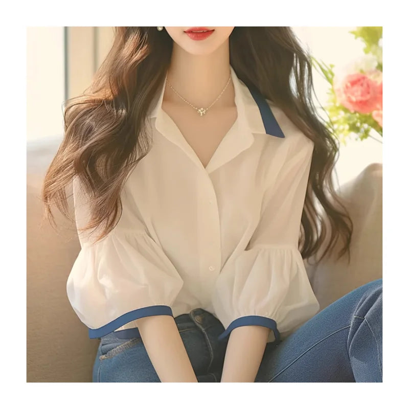 French Women's Blouses Chiffon Short Sleeve Women Tops