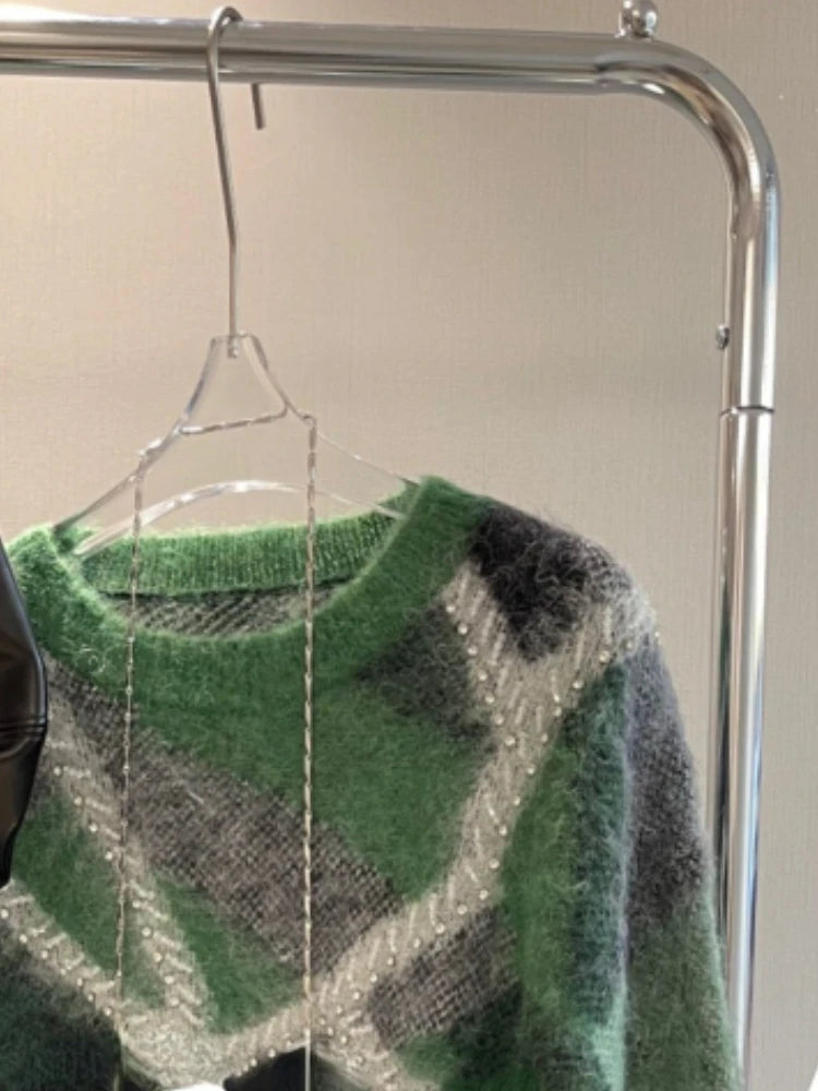 Oversized Women Casual Pullovers Patchwork Jumper with Diamonds Y2k Sweater