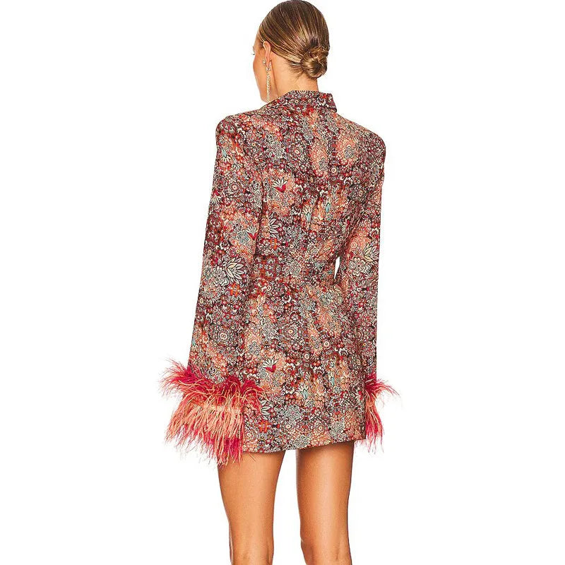 High-end Women's Blazer Dress Cuffs Adorned with Feather Print Dress