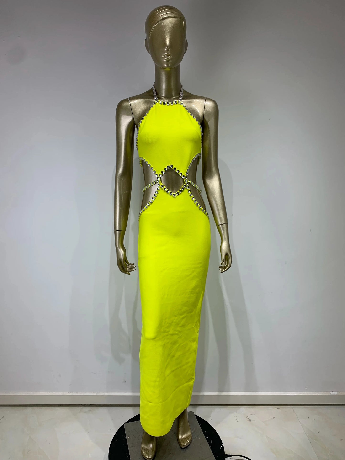 Sexy Backless Halter Beading Maxi Long Lemon Bandage Dress Cocktail Dress
