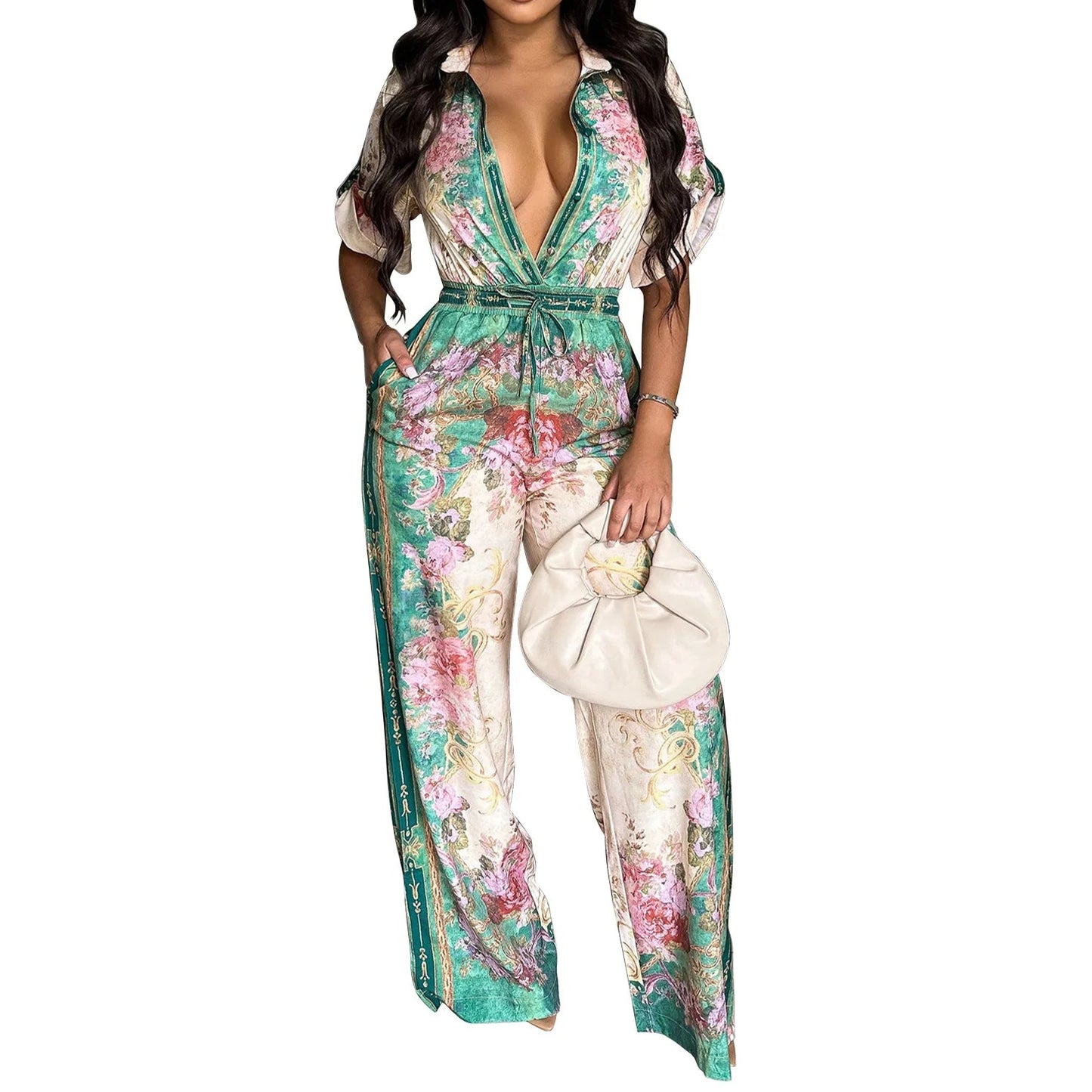 Women Floral Printed Vintage Style Wide Leg Jumpsuits Playsuit One Piece Suit Romper