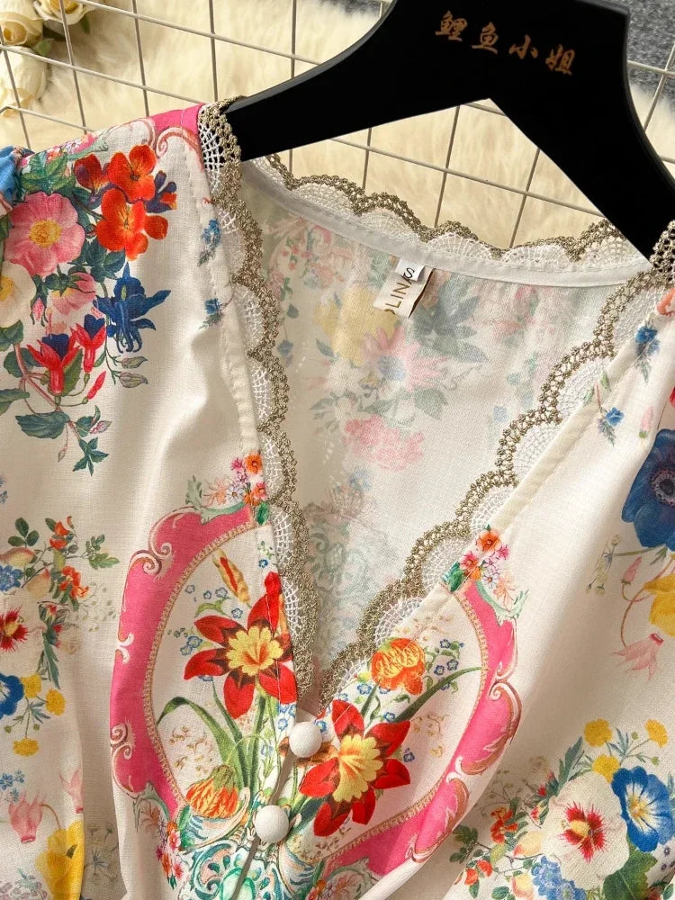 Elegant Vintage Luxury Evening Dress Women Print Sashes Button Short Party Dress Female Casual Holiday Clothing