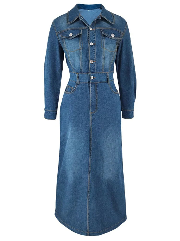 Denim Dress Women Sexy Button Bodycon Maxi Fashion Slip Hem Pockets Maxi Dressers