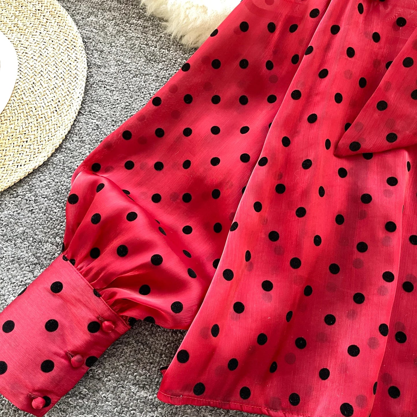 Vintage Polka Dot Tops Puff Sleeve Bow Lace Up Design Blouse