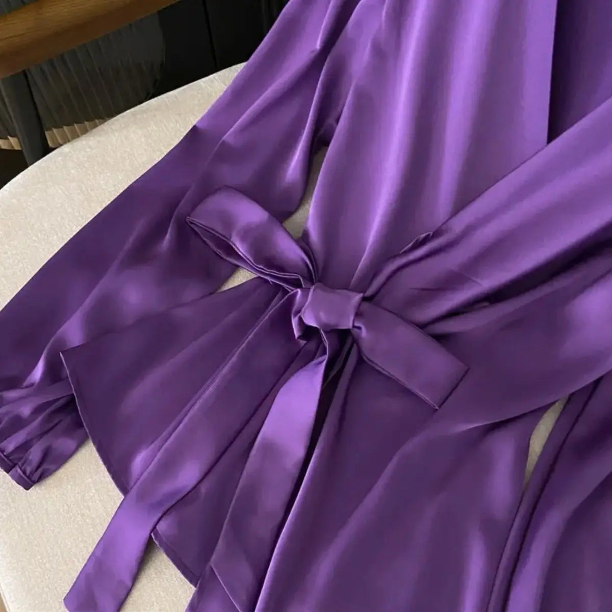 Lace Up Elegant Shirts Commute Long Sleeve Blouse Purple V Neck Slim Tops